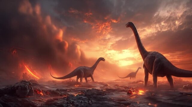 Two towering dinosaurs roam a lava-lit battlefield as sunset inflames ash-filled skies crimson glow