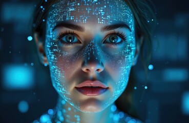 Close up on woman face with digital data overlay. AI pattern illuminates skin, showing cybernetic enhancement and future tech connection. Smart network interface glows on her head.