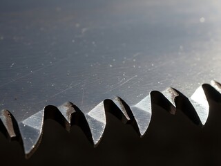 High contrast metallic saw close-up showcases cutting edge detail and grit