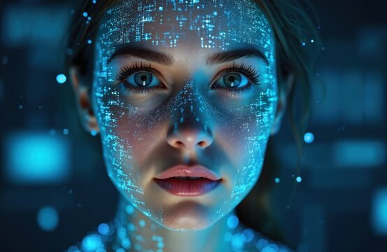 Close up on woman face with digital data overlay. AI pattern illuminates skin, showing cybernetic enhancement and future tech connection. Smart network interface glows on her head. - Powered by Adobe