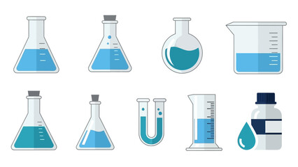 Collection of flat laboratory glassware icons with liquid elements
