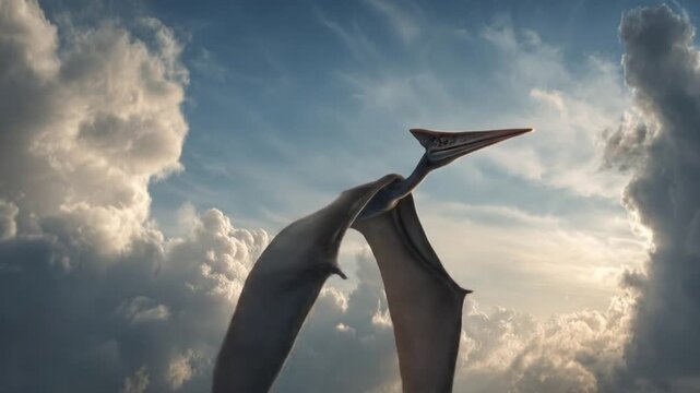 Soaring pterosaur glides, above luminous clouds, wings spread wide against a dramatic, - stormy sky