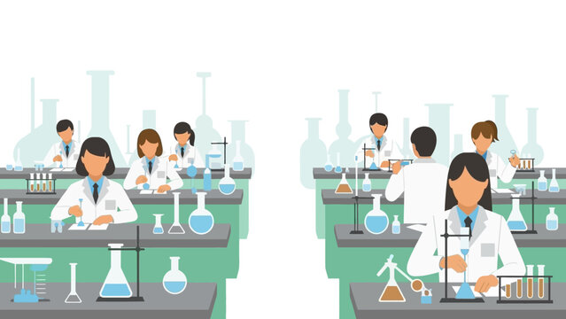 Flat design laboratory scene with scientists conducting experiments in