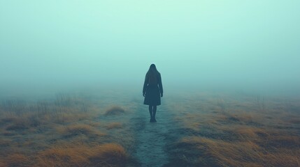 A woman walks along a dirt path in a grassy field covered in fog. The scene takes place in the early morning. The landscape appears quiet and still, capturing a moment of solitude