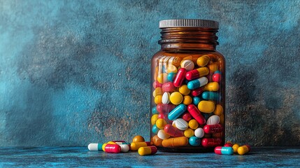 A glass jar filled with various colorful pills and capsules sits on a surface. Some pills are scattered around the jar, showing different shapes and sizes. The background is blue
