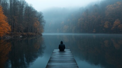 A person sits quietly on a wooden dock at a lake. The trees around the water have orange leaves. Fog covers the landscape, creating an early morning atmosphere