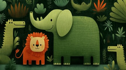 The scene shows a cartoon elephant, a lion, and dinosaurs in a jungle. They stand among green plants and trees with bright colors. The setting is lively and playful, capturing animal expressions