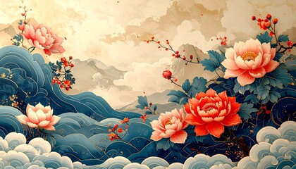 Elegant chinese painting featuring blooming lotus and peony flowers artfully displayed