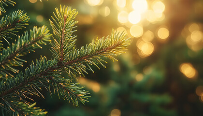 Close-up of pine tree needles and cones bathed in warm golden sunlight. Blurred green foliage in background suggests a rich garden