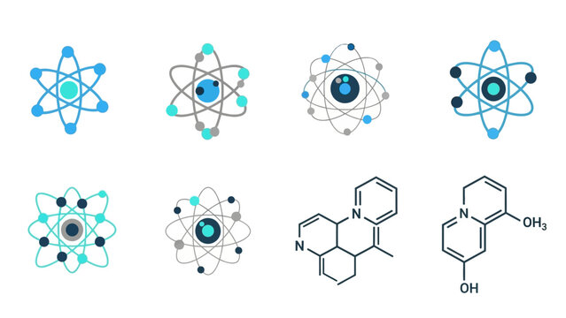 Scientific molecule and atom designs with chemical structures in flat