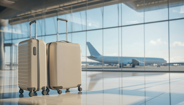 Two suitcases sit inside airport terminal before flight. Through window view to the runway and airplane on the ground. Air travel