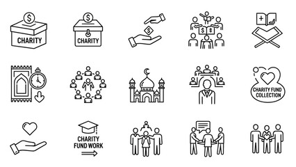 Collection of charity and Islamic cultural icons donation, community, mosque, and education symbols