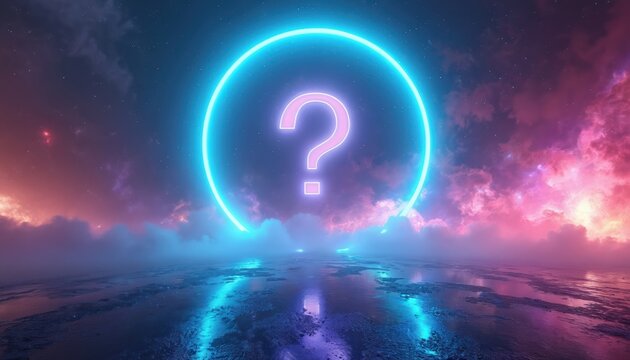 Glowing question mark in neon ring floats over wet reflective ground with colorful nebulae sky. Mystery concept, abstract cosmic background with stars, clouds.