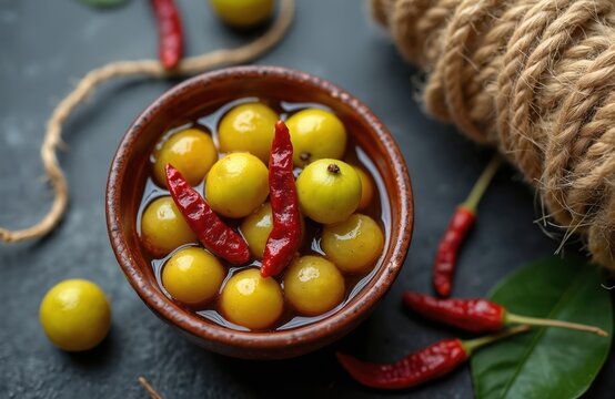 Bowl of indian gooseberry pickle with red chilies in brine. Tasty sour amla achar served with spices. Amla fruit has antiviral and antimicrobial properties.