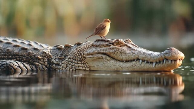 A small bird sits on a crocodile's snout, gliding above still water in warm light. Quiet dawn light