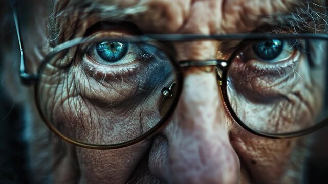 Video Close-up shot of someone wearing glasses, with details on the frames and eyes