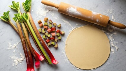 Fresh rhubarb stalks with dough and rolling pin on marble countertop