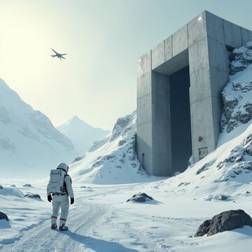 Astronaut walks to giant concrete structure in snowy mountain valley. Small plane flies overhead in vast winter landscape. Exploring remote secret research facility.