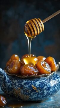 Close-up of a ceramic dish filled with honey dipped and baked apricots or peaches, offering a delicious, natural sweetness and nutritious snack.