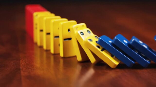 Falling Dominoes Chain Reaction Sequence Demonstrating Cause and Effect