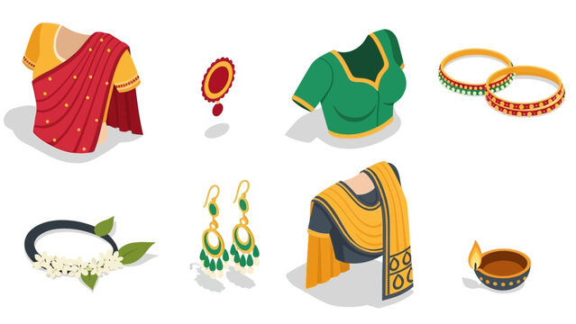 Traditional indian clothing and accessories in isometric design with bold colors