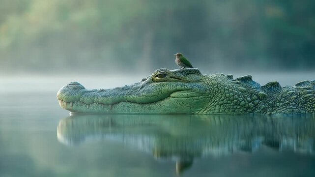 Close-up view of a green crocodile gliding through calm water, misty forest beyond, serene and calm