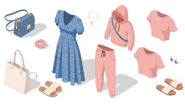 Modern isometric fashion set featuring casual and formal outfits with accessories