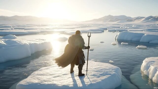 Arctic warrior with shield and trident stands on ice floe, sun glare