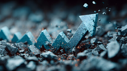 Turquoise financial graph with upward arrow shattering into pieces, symbolizing market volatility and economic disruption on blurred background.