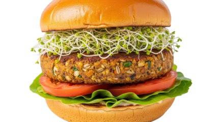 Close up of a fresh veggie burger with plant based patty and sprouts isolated on white background