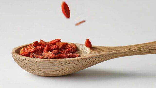 Video A wooden spoon filled with dried goji berries, great for snacking or as a decorative element