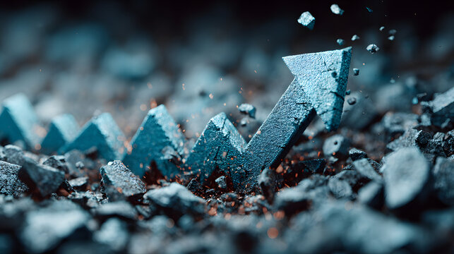 Turquoise financial graph with upward arrow shattering into pieces, symbolizing market volatility and economic disruption on blurred background. - Powered by Adobe