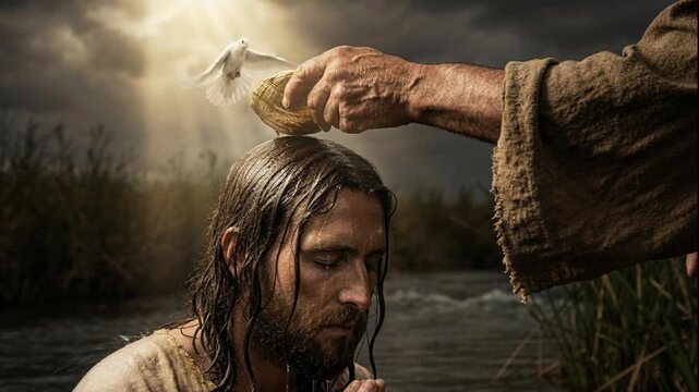 Baptism of the Lord: AI genereted video of Baptism of Jesus Christ. John the Baptist baptizing Jesus in the River Jordan with Holy Spirit Dove.