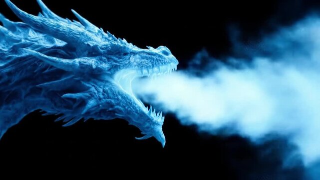 A blue dragon roars, breathing a frosty sapphire blaze across a stark black background across voids