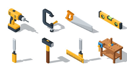 Essential isometric woodworking tools in modern design for diy projects