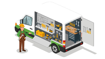 Isometric service van with tools and technician: mobile repair concept