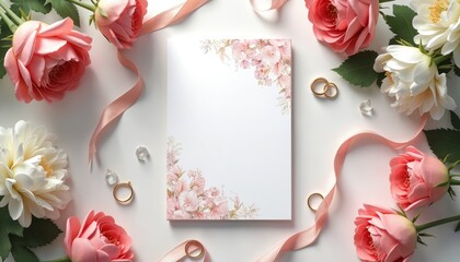 Wedding invitation card surrounded by roses flowers, rings, and satin ribbon. Floral decor on blank paper invites for ceremony. Romantic celebration setup on white background.