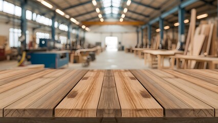 Wooden tabletop in industrial warehouse with blurred background and natural textures