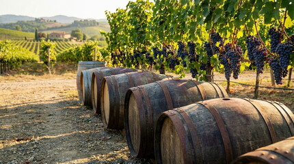 Rustic wooden wine barrels line a picturesque Tuscan vineyard during harvest season, with lush green grapevines and ripe grapes under sunny skies.