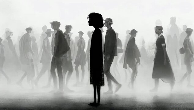 Silhouetted girl stands alone in crowd conveying individuality and isolation