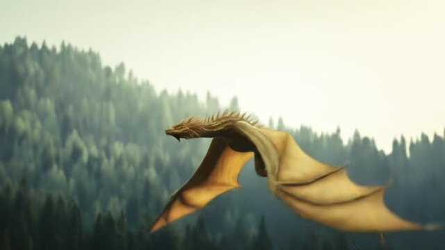 Golden dragon wing unfurls above a misty evergreen forest, membranes glistening in dawn light softly