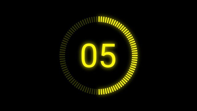 Yellow glowing digital count up timer 0 to 10 seconds for video transition