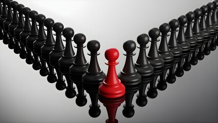Red chess pawn standing out among black pawns showing leadership and individuality concept