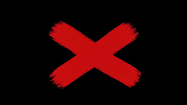 A large red brushstroke X symbol on a black and white background.
