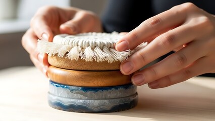 Stack of artisanal coasters being arranged with care and precision