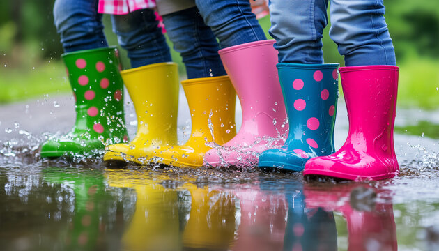 Children in colorful rain boots splash in muddy puddles after rain. Friends have outdoor fun playing in the wet ground during autumn