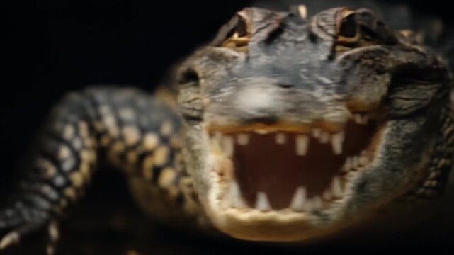 Close-up of a crocodile with jaws open, sharp teeth, rough scales, intense predatory gaze. dimly lit