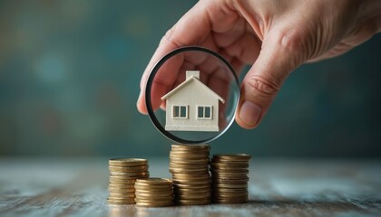 Hand inspects tiny house on coin stacks through magnifying glass. Visualizes budget planning, real estate investment analysis, and property value assessment for financial growth.