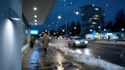 A snowy evening scene captures the tranquil ambiance of a city street, illuminated by warm lights and featuring a moving car, enhancing the winter atmosphere and mood.