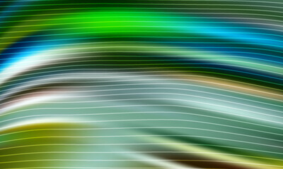 abstract background featuring flowing colored light stripes in green, blue, and orange. Smooth curves evoke movement